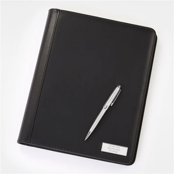 Engraved Black Vegan Leather Padfolio and Pen Set