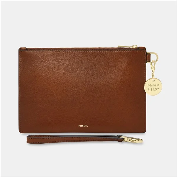Fossil Engraved Fossil Brown Leather Wristlet