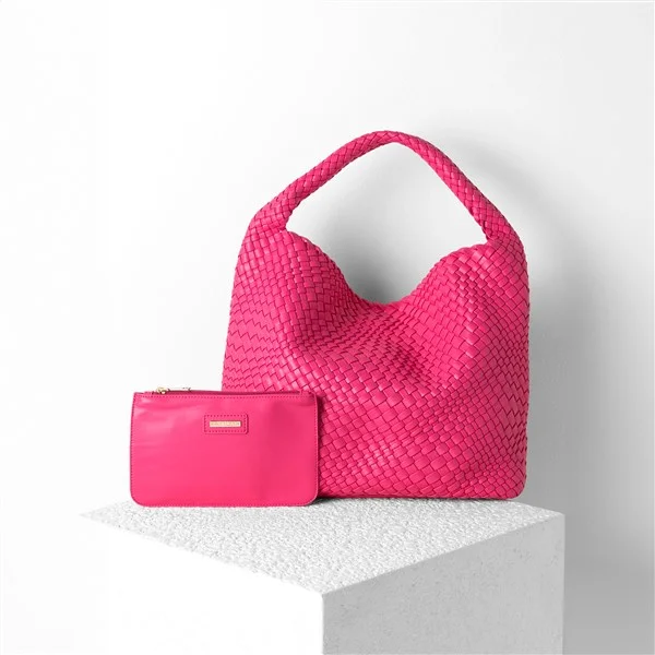 Woven Vegan Leather Hobo Bag in Magenta