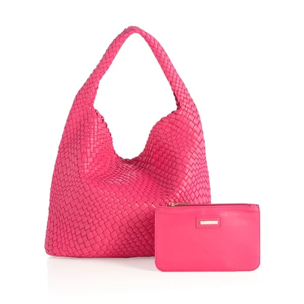 Woven Vegan Leather Hobo Bag in Magenta