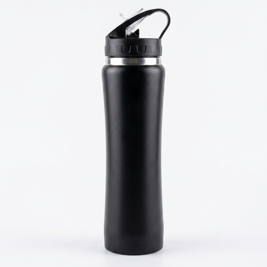 Midnight Black Ergonomic Sports Bottle with Flip-Top Straw Lid